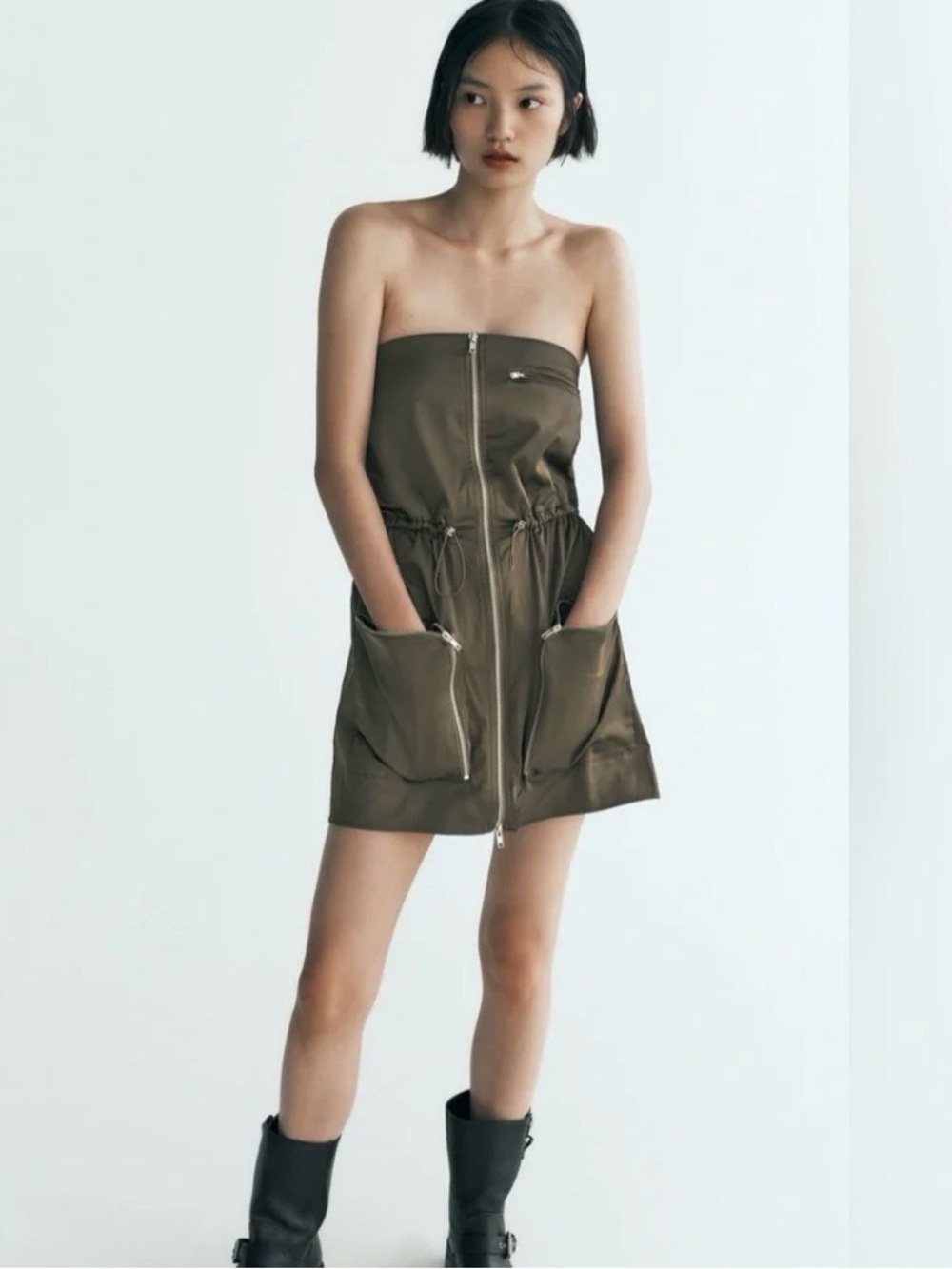 Zara Olive Strapless Zip-Front Mini Dress